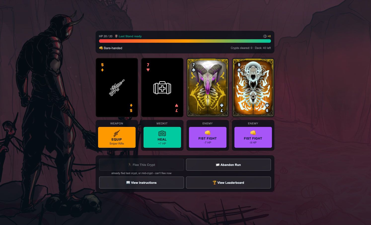 Crypt Crawl gameplay - a dungeon room of four cards illustrated in Crypties NFT art