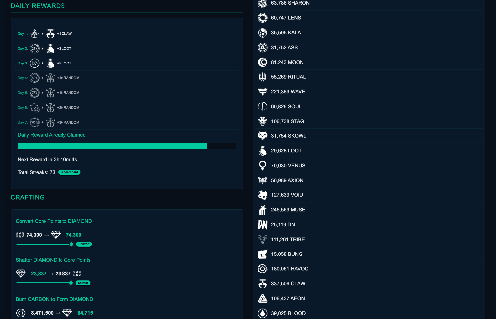 Daily rewards streak and crafting panel